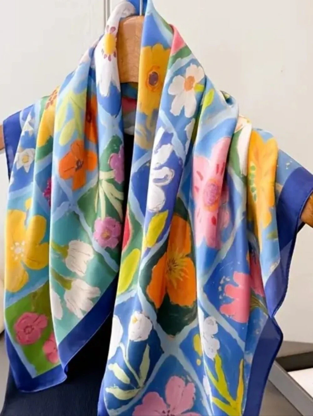Silk-feel Floral Patchwork Silk Scarf in Blue